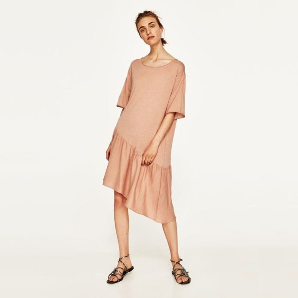 2/$30 ZARA Asymmetric Ruffle Hem T-Shirt Dress Terracotta Drop Shoulder #7470